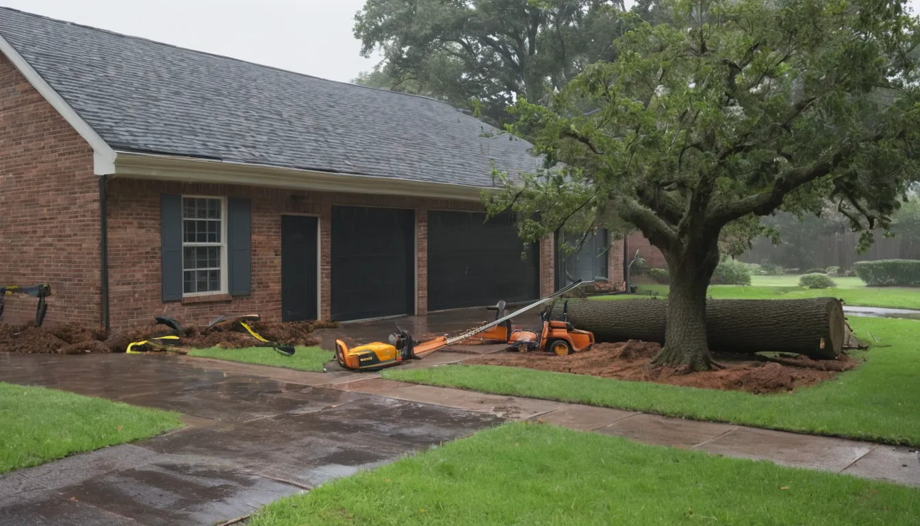 A tree provider crew clearing a fallen tree from a home yard in Roswell after a storm