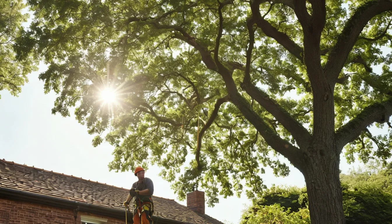 A tree removal provider carefully lowering a large limb beside a home in Roswell