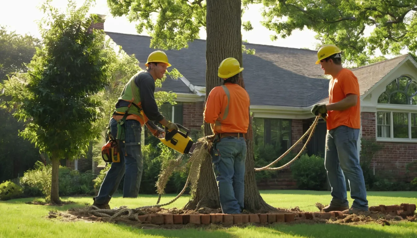 A local tree provider crew safely lowering a section of a large tree beside a house in Roswell